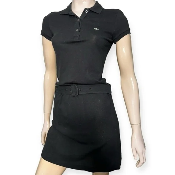 Lacoste Vintage Women’s Size 34 4 Black Cotton Pique Belted Polo Mini Dress - Picture 2 of 6
